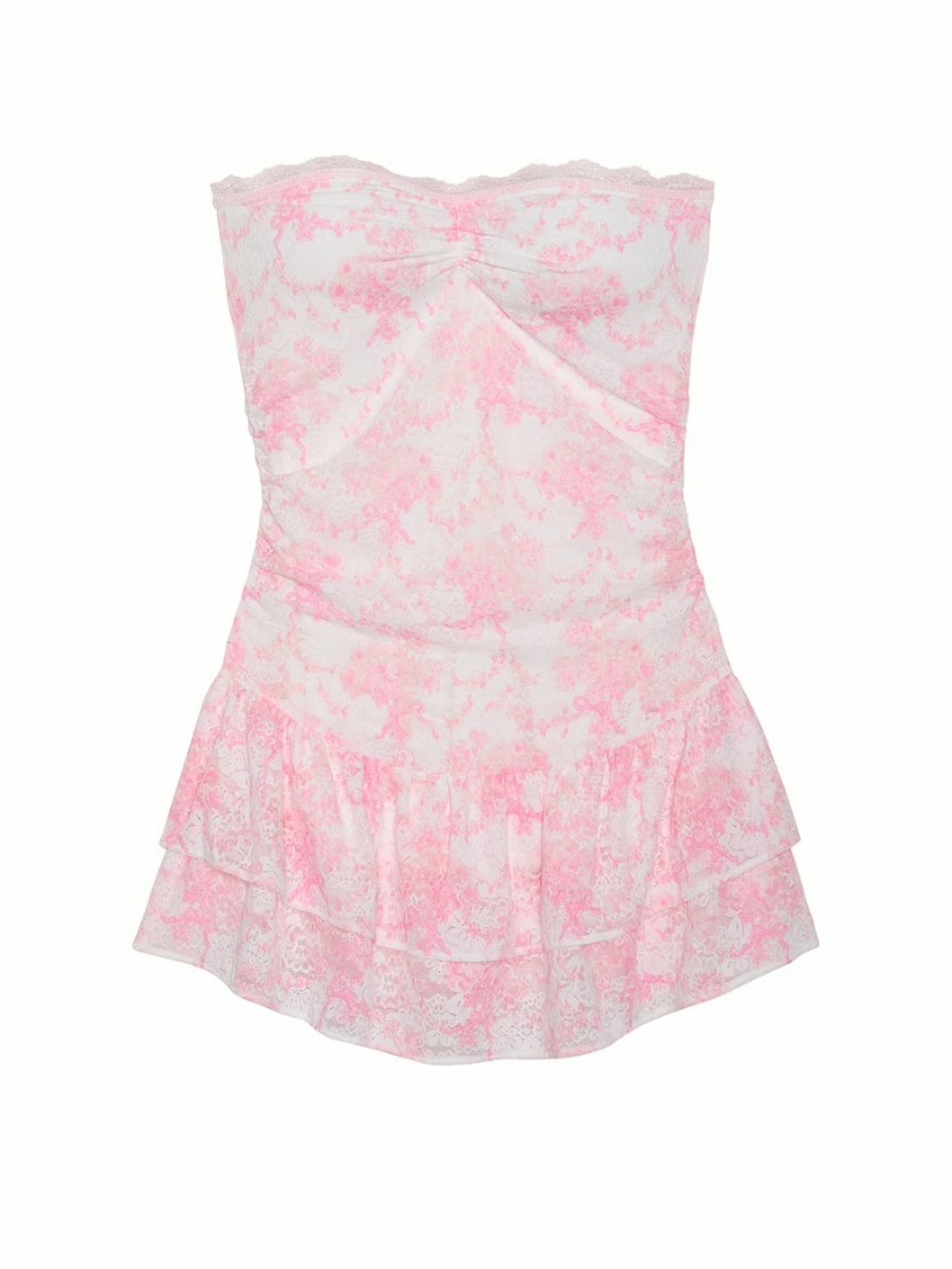 PINK X LOVESHACKFANCY STRAPLESS LACE MINI DRESS